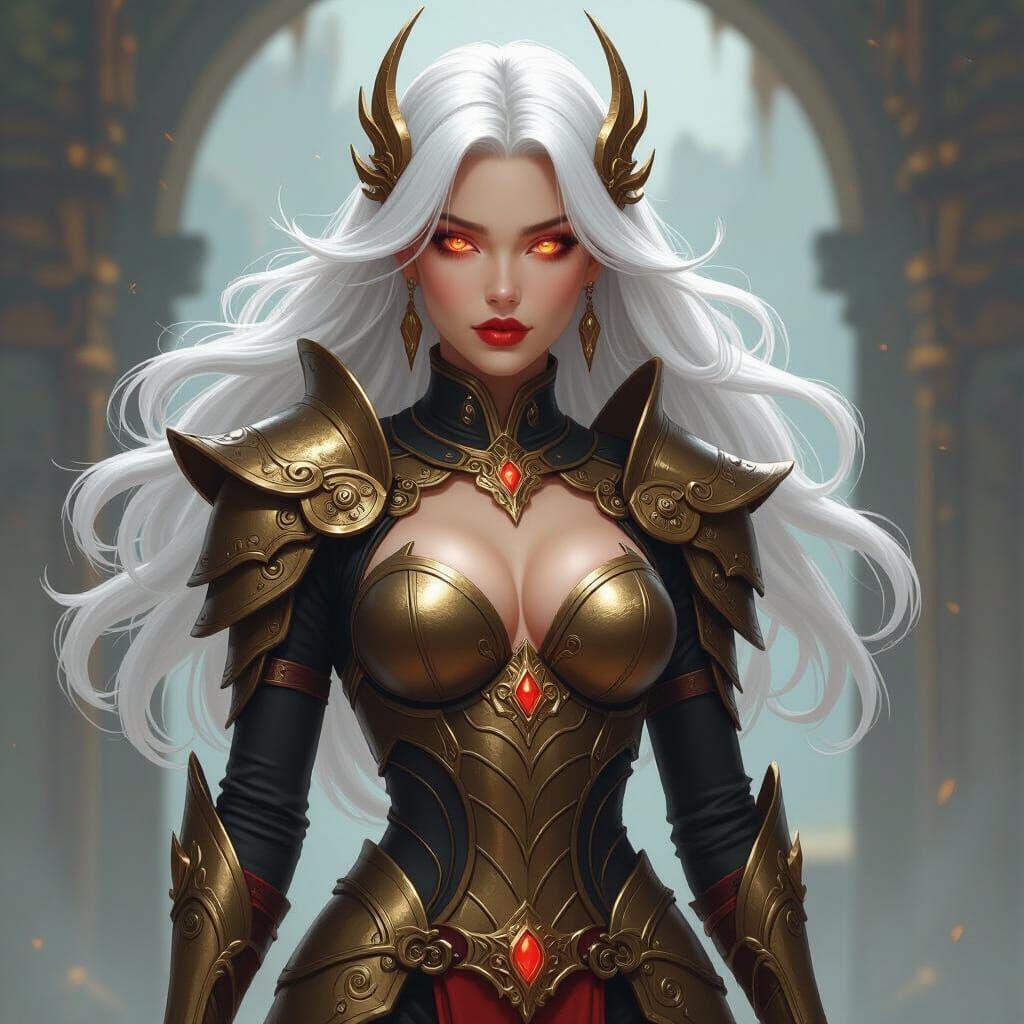 Bronze Dragon Lady with Platinum Hair and Glowing Eyes