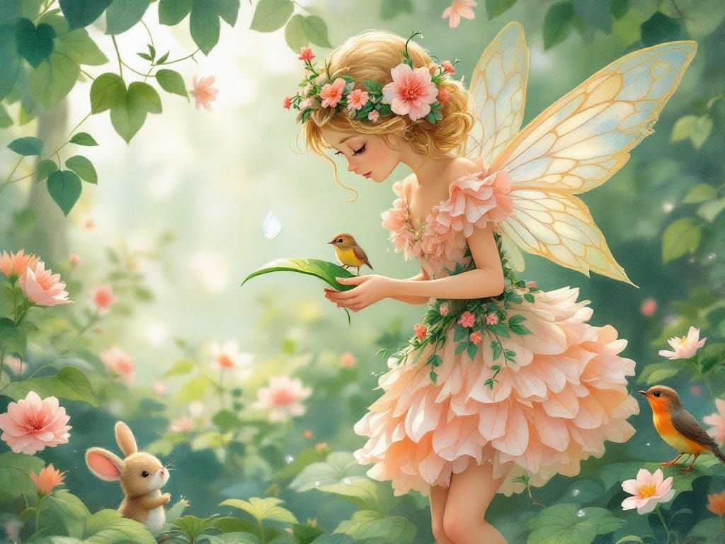 Fairy Examining Dewdrop in Whimsical Illustration