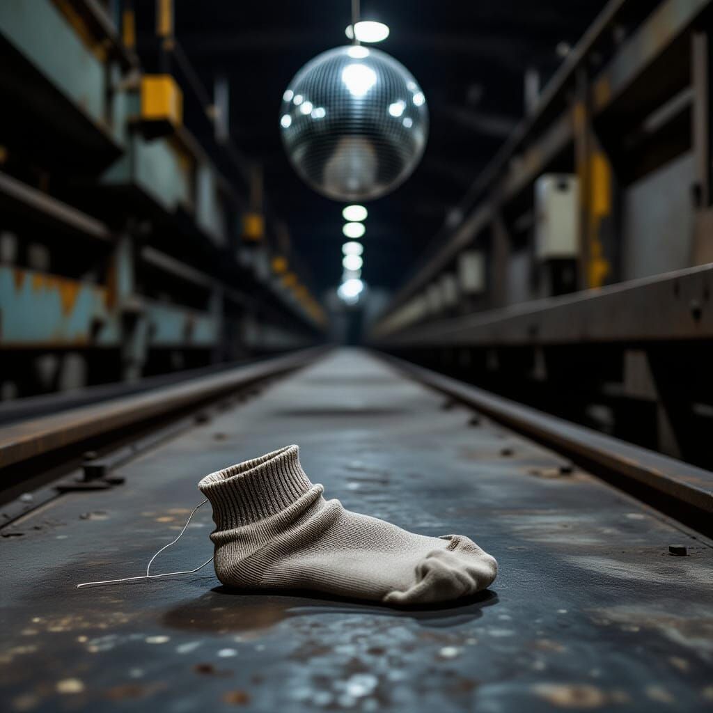 Threadbare Sock on Grimy Conveyor Belt with Disco Ball