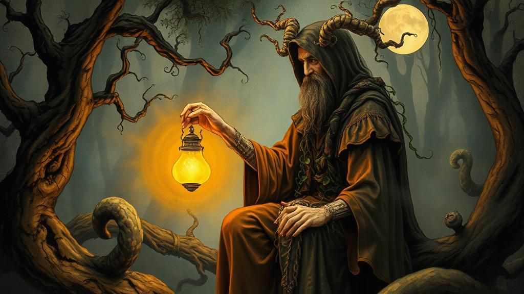 Mystical Druid in Moonlit Forest: Symbolist Art