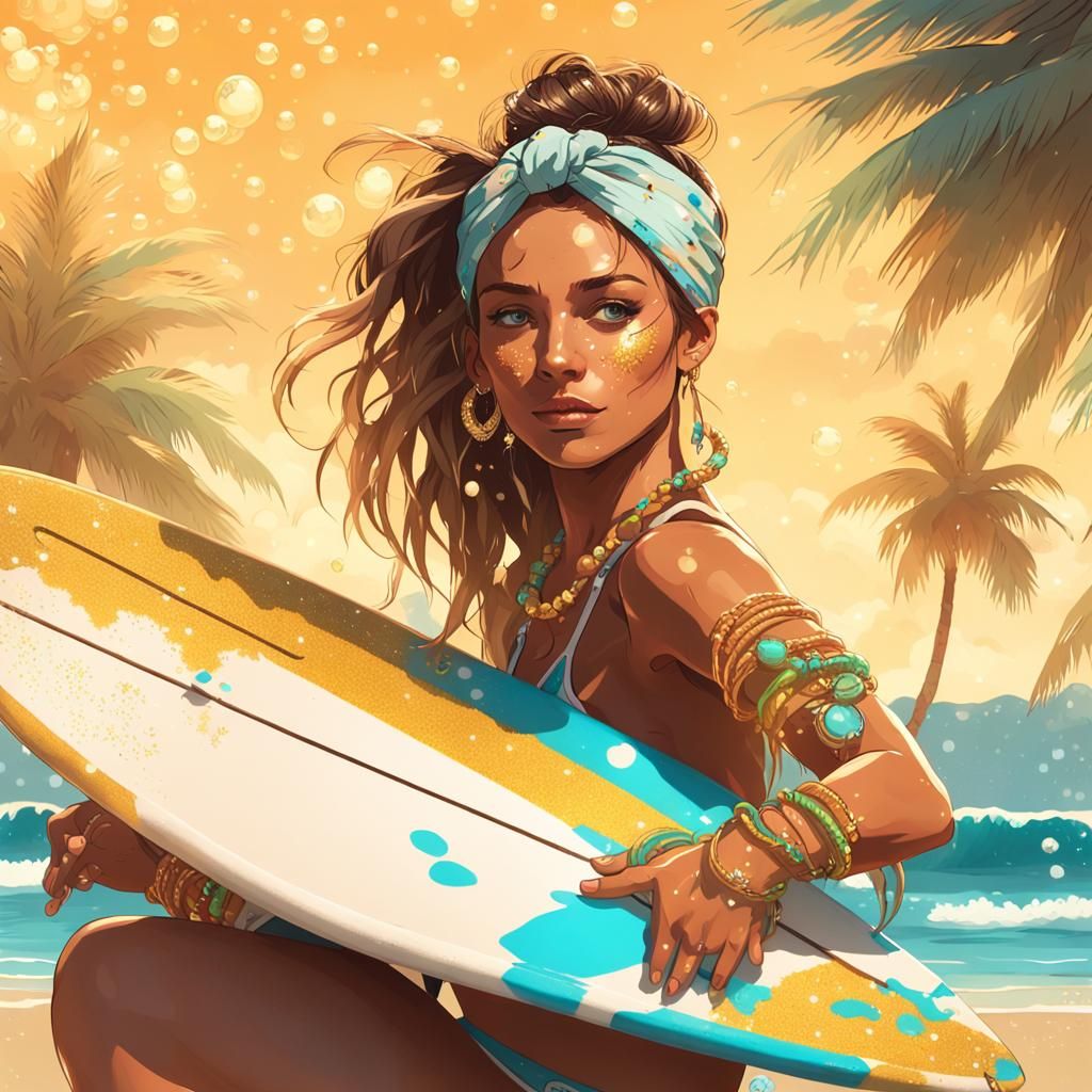 Girl with Surfboard on Sunny Beach, Hyperdetailed Art