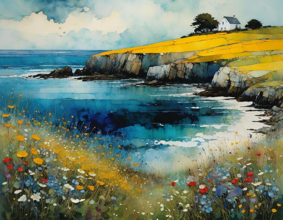 Intricately Detailed Wildflowers in a Vibrant Encaustic Styl...