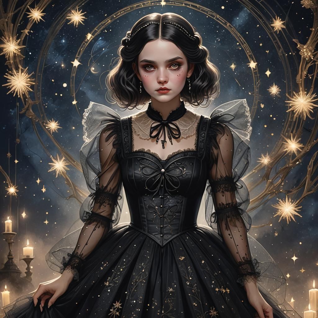 Wednesday Addams in Tulle Dress, Hyperdetailed Portrait