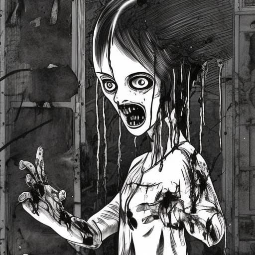 Creepy Girl in Haunted Scene, Junji Ito Style