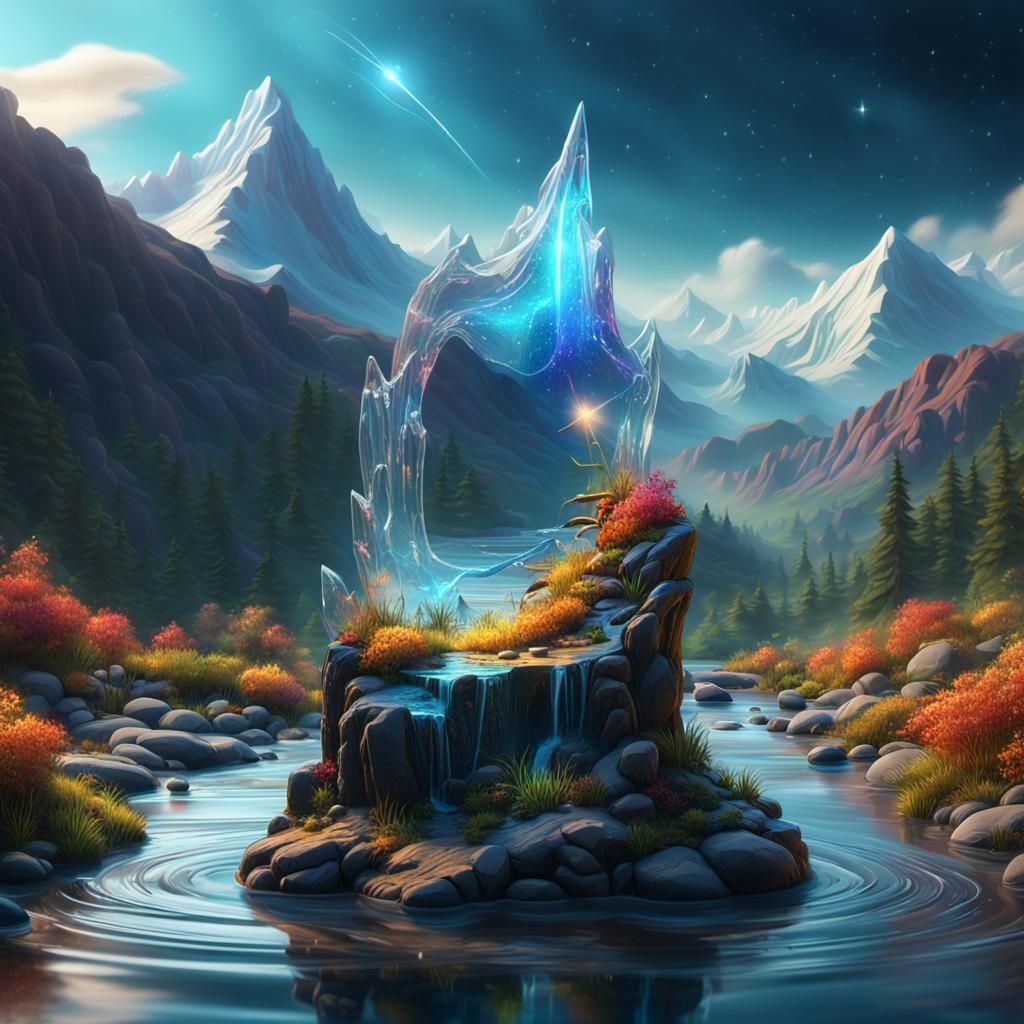 Glass Sculpture of Shooting Star Over Mountain Range