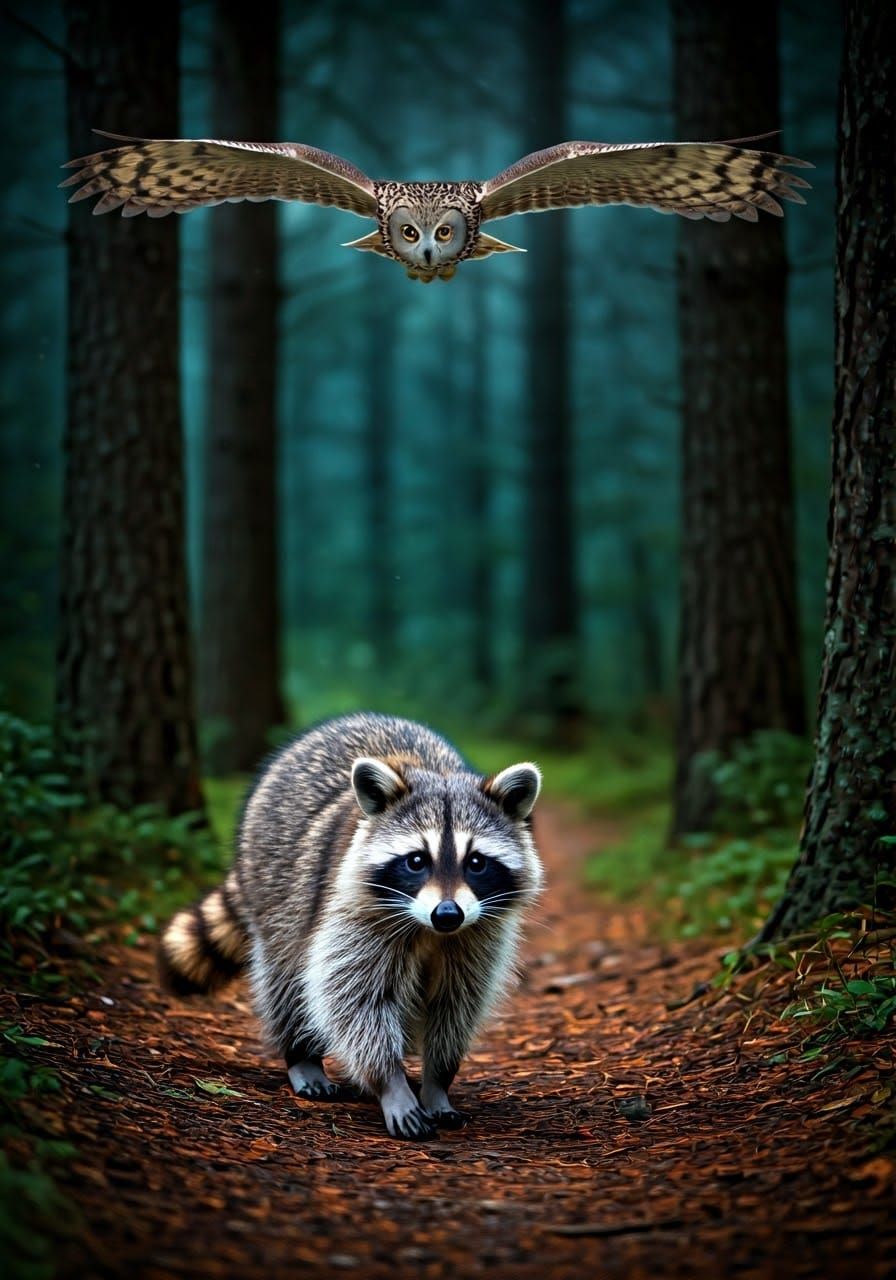 Mystical Forest Scene: Raccoon and Owl in Moonlight