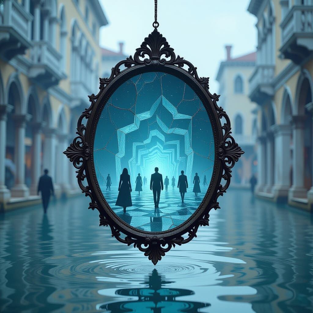 Cracked Venetian Mirror Reflects Infinite Labyrinth and Nebu...