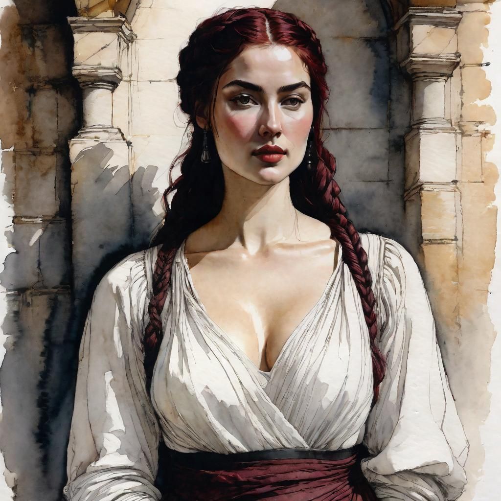 Portrait of Young Woman with Braided Hair as Sketch