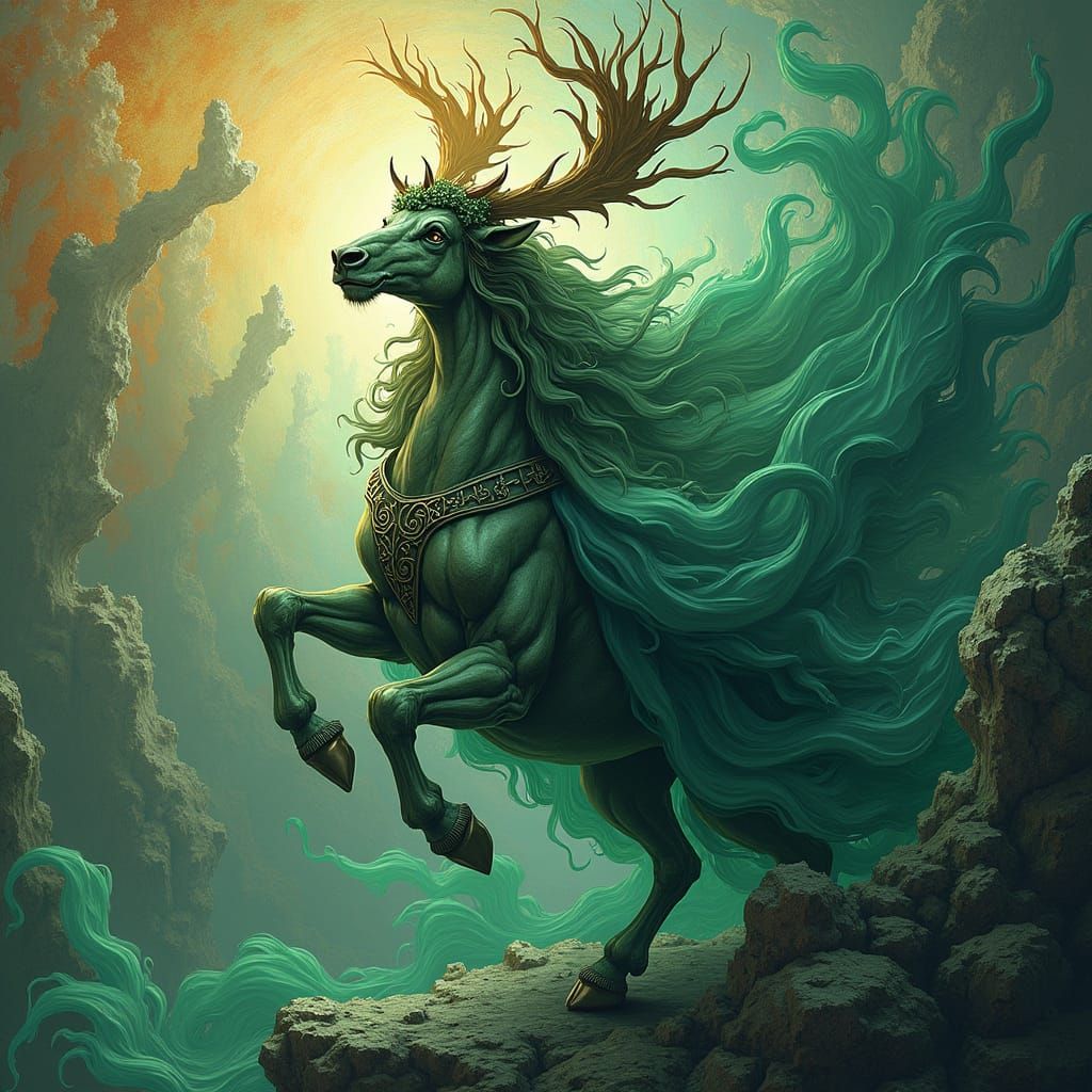 Majestic Emerald Centaur in Abstract Greek Setting