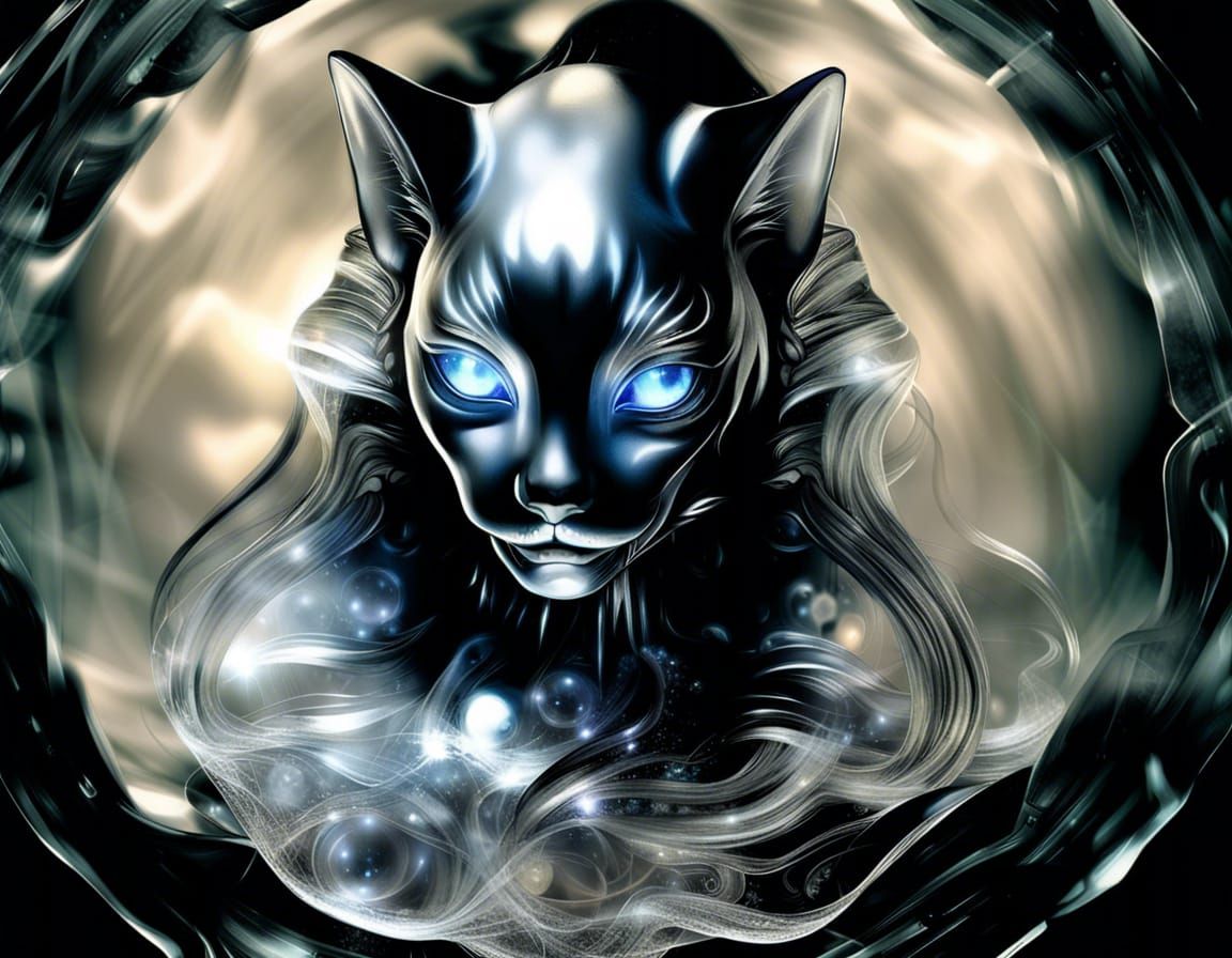 Crystalline Neko Emerges in Smoke: Surreal Biomechanical Art
