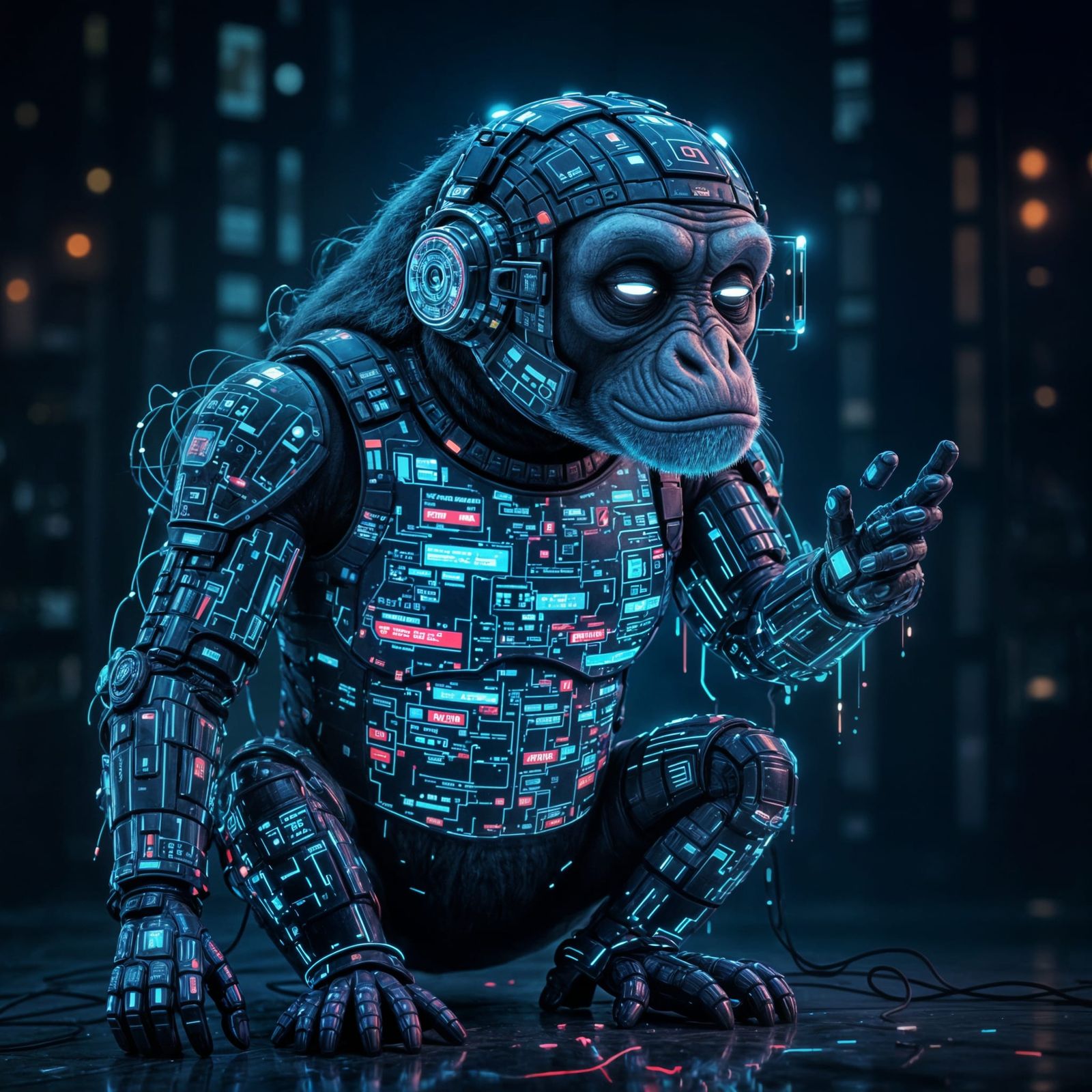 Cyberpunk Ape as Living Billboard with News Feed