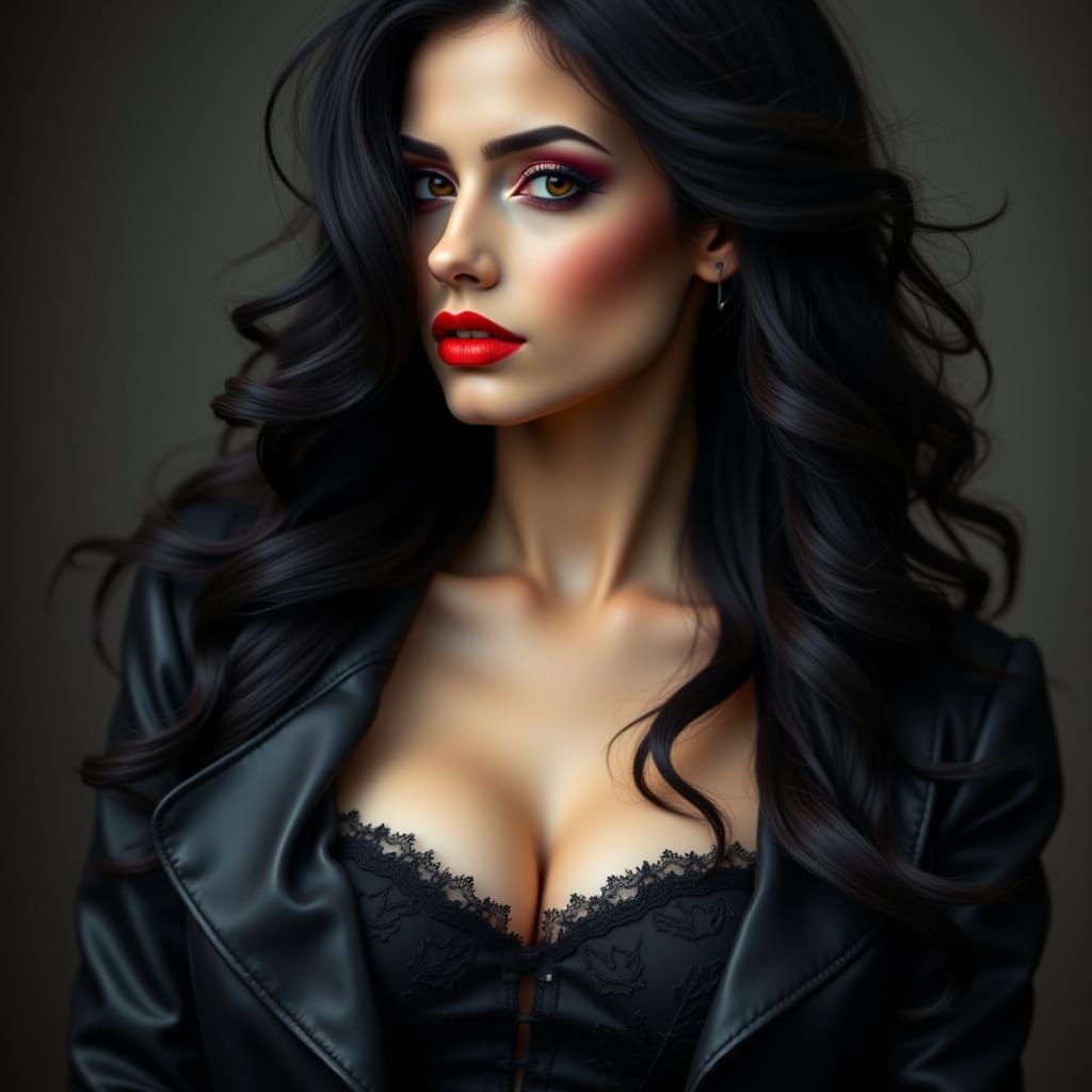 A full body shot portrait of a woman with black flowing hair.  She is dressed in a black satin and lace gown.  Her makeu...