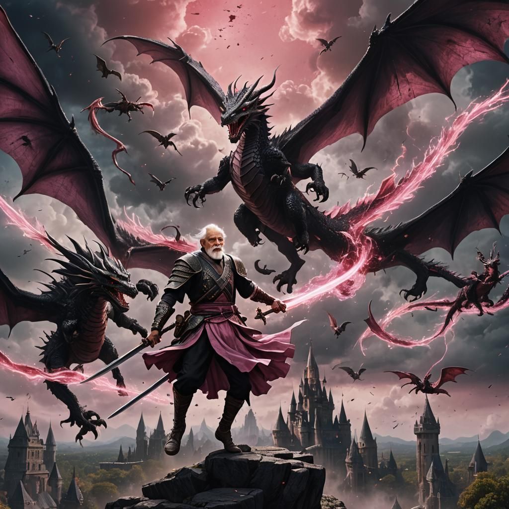 Old Man in Tutu Fighting Dragons: Fantasy Art