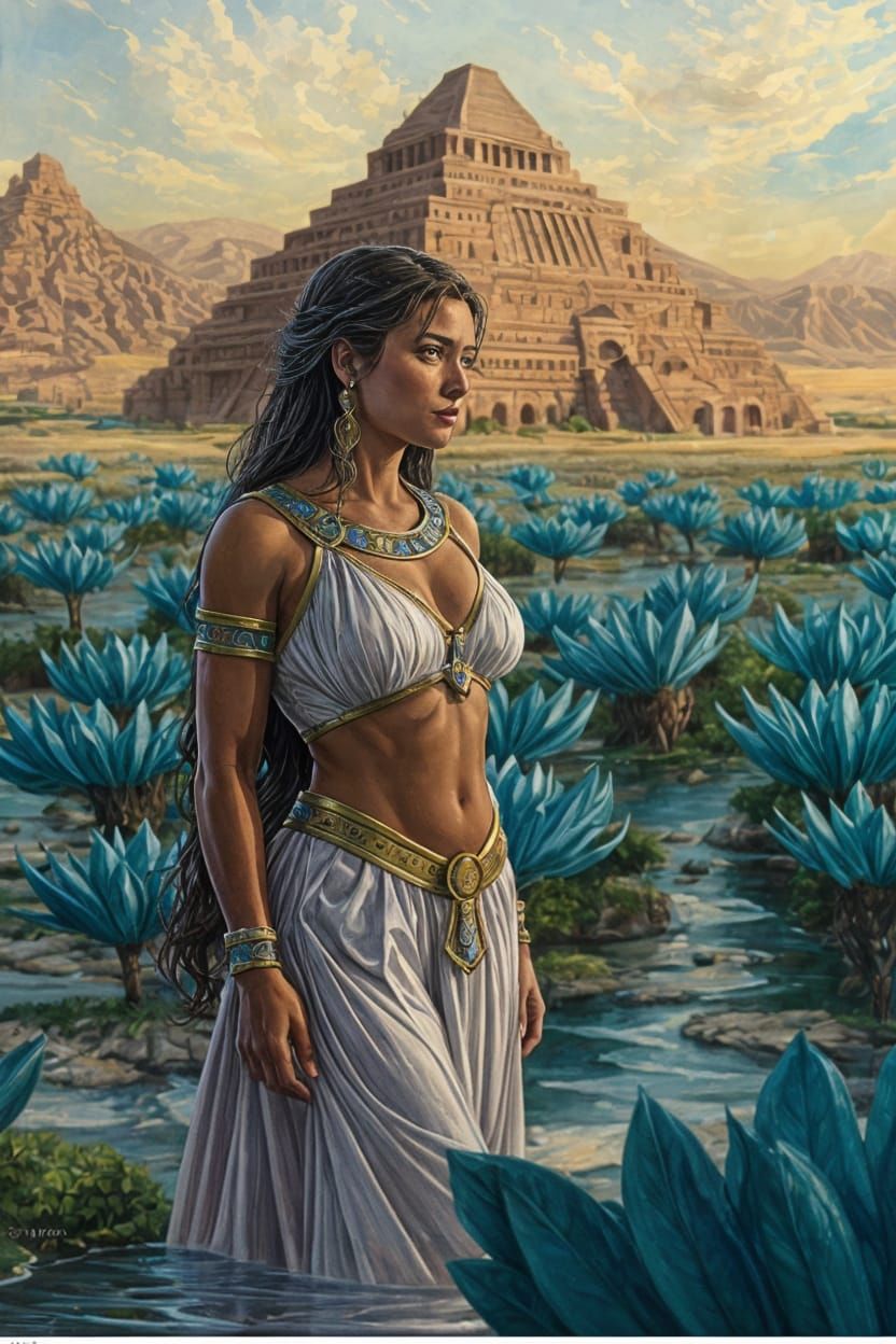 Ancient Egyptian Priestess by Lagoon in Watercolor Style