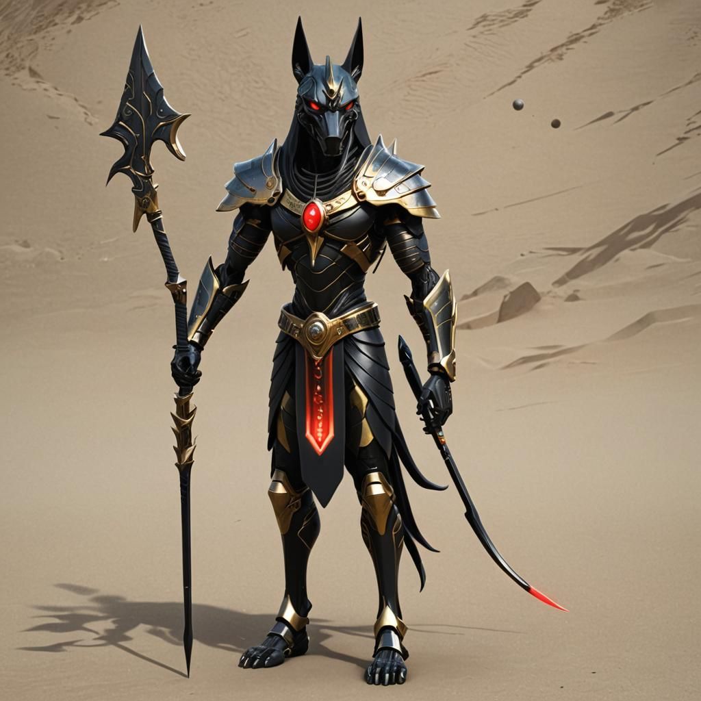 Cyborg Anubis with Spear in Cyberpunk Style