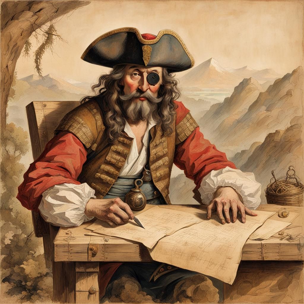 Pirate Planning Treasure Hunt in Watercolor