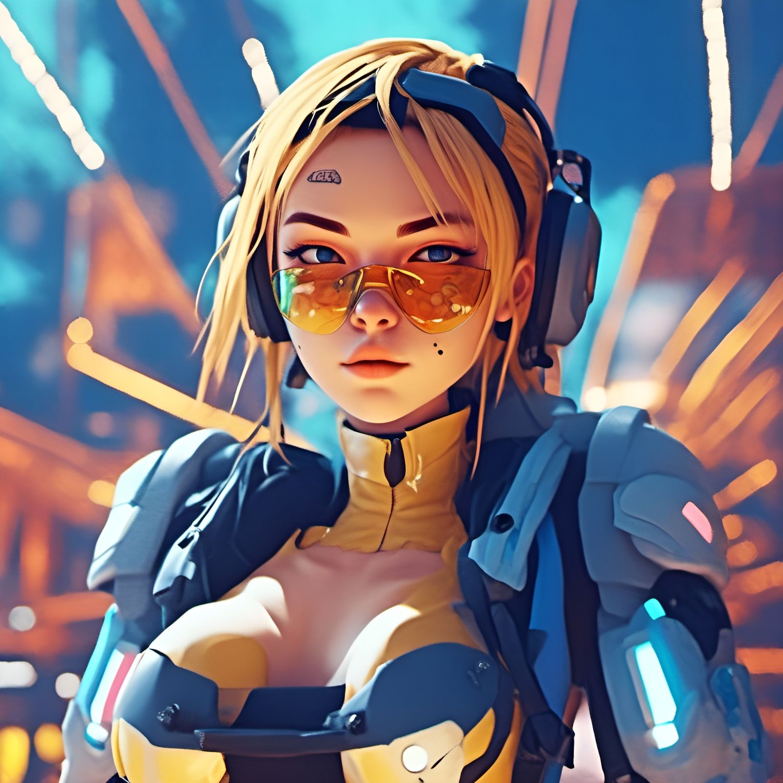 Cyberpunk Girl Portrait with Glowing Goggles at Sunset