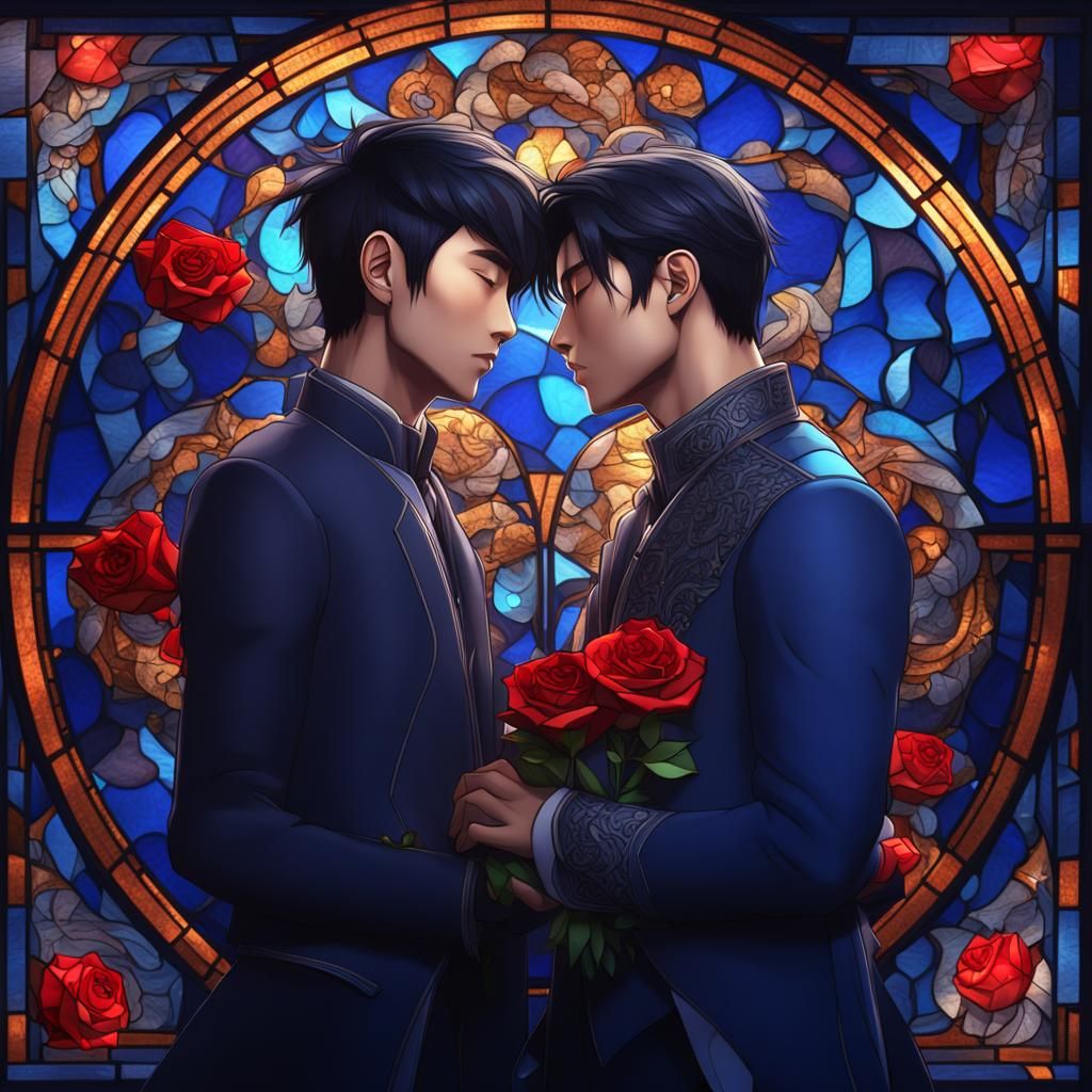 Two Young Men Kissing in Elegant Bedroom