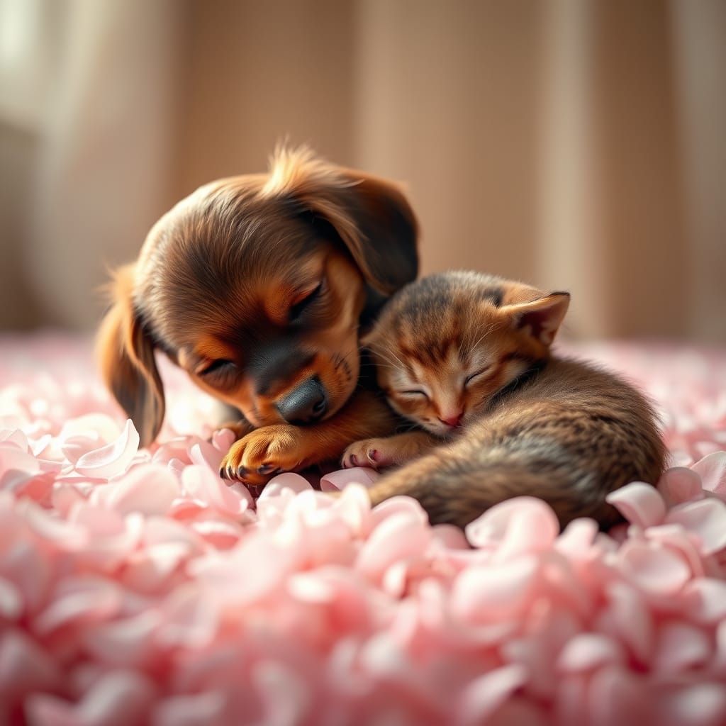 Snuggled Brown Dachshund and Kitten on Pink Petal Carpet