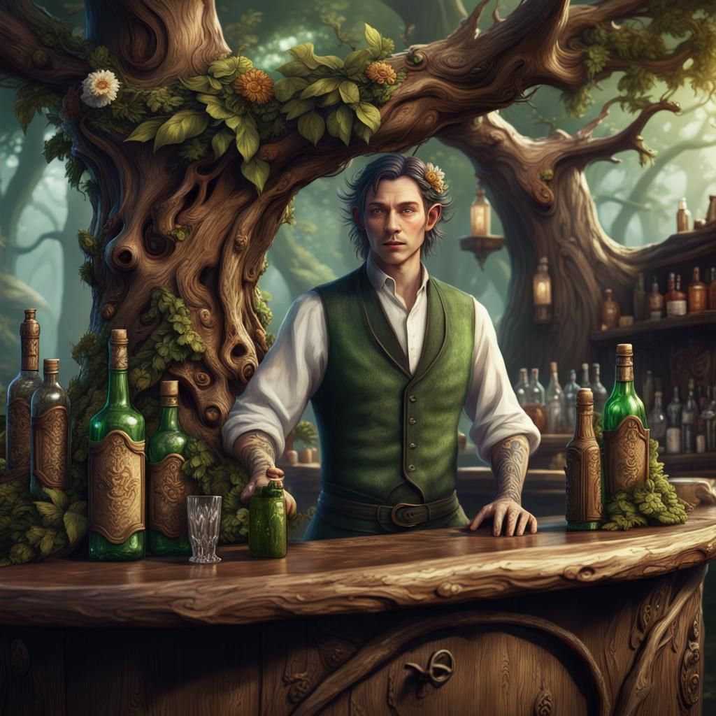 Elven Bartender in a Gnarled Wood Bar