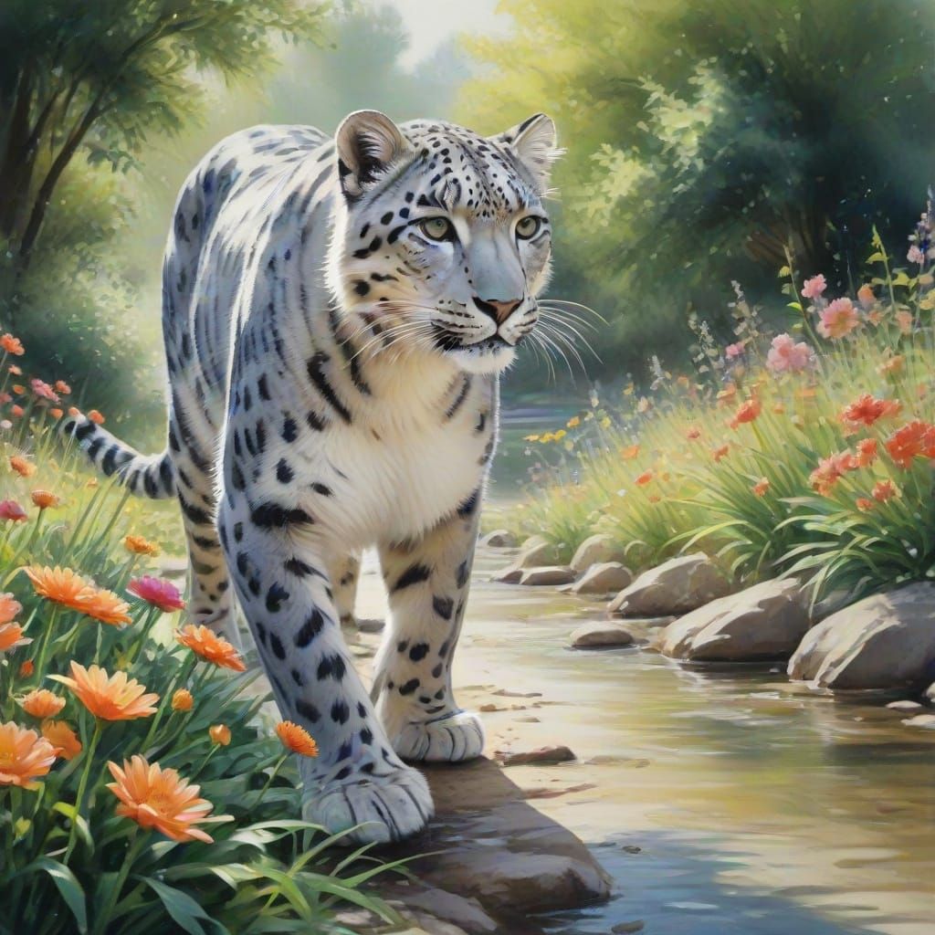 Snow Leopard in Vibrant Watercolor Garden