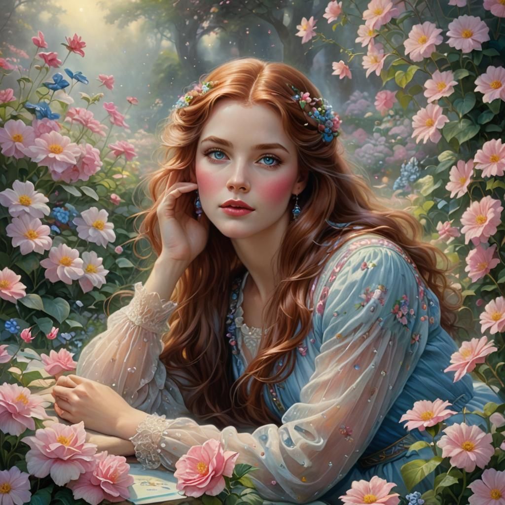 Ethereal Auburn Beauty in Flower Garden, Fantasy Art
