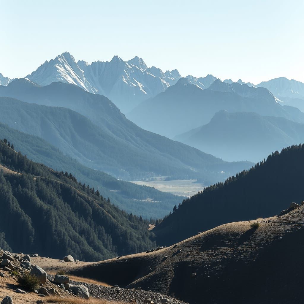 Mountain Range at Sunset in a Serene Valley Landscape