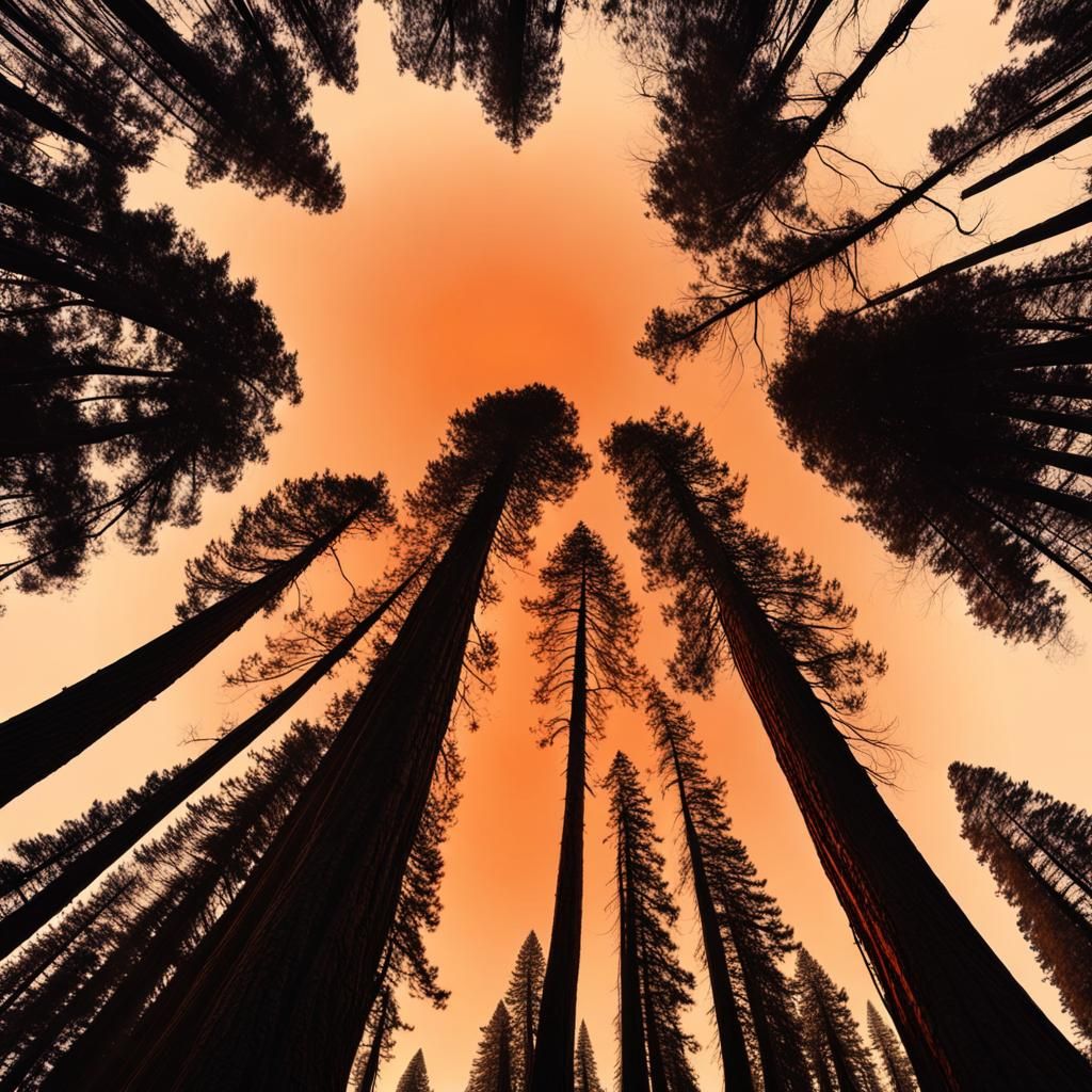 Giant Redwoods Frame a Fading Orange Sun