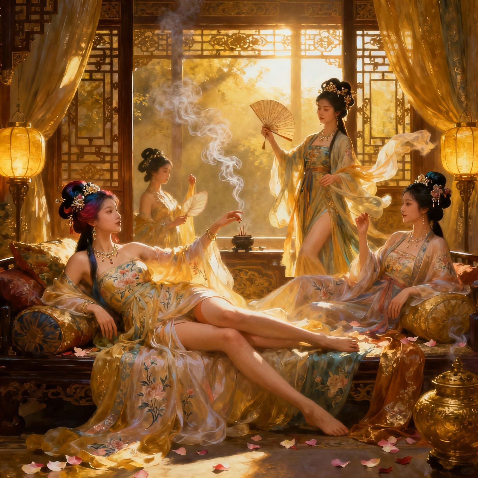 Elegant Concubines in Opulent Palace Chamber
