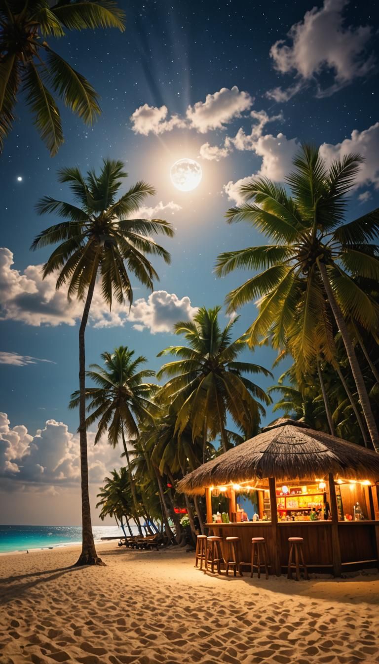 Tropical Beach Hut Bar at Night