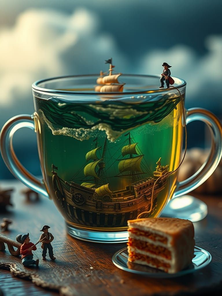 Stormy Tea Cup with Pirate Shipwreck