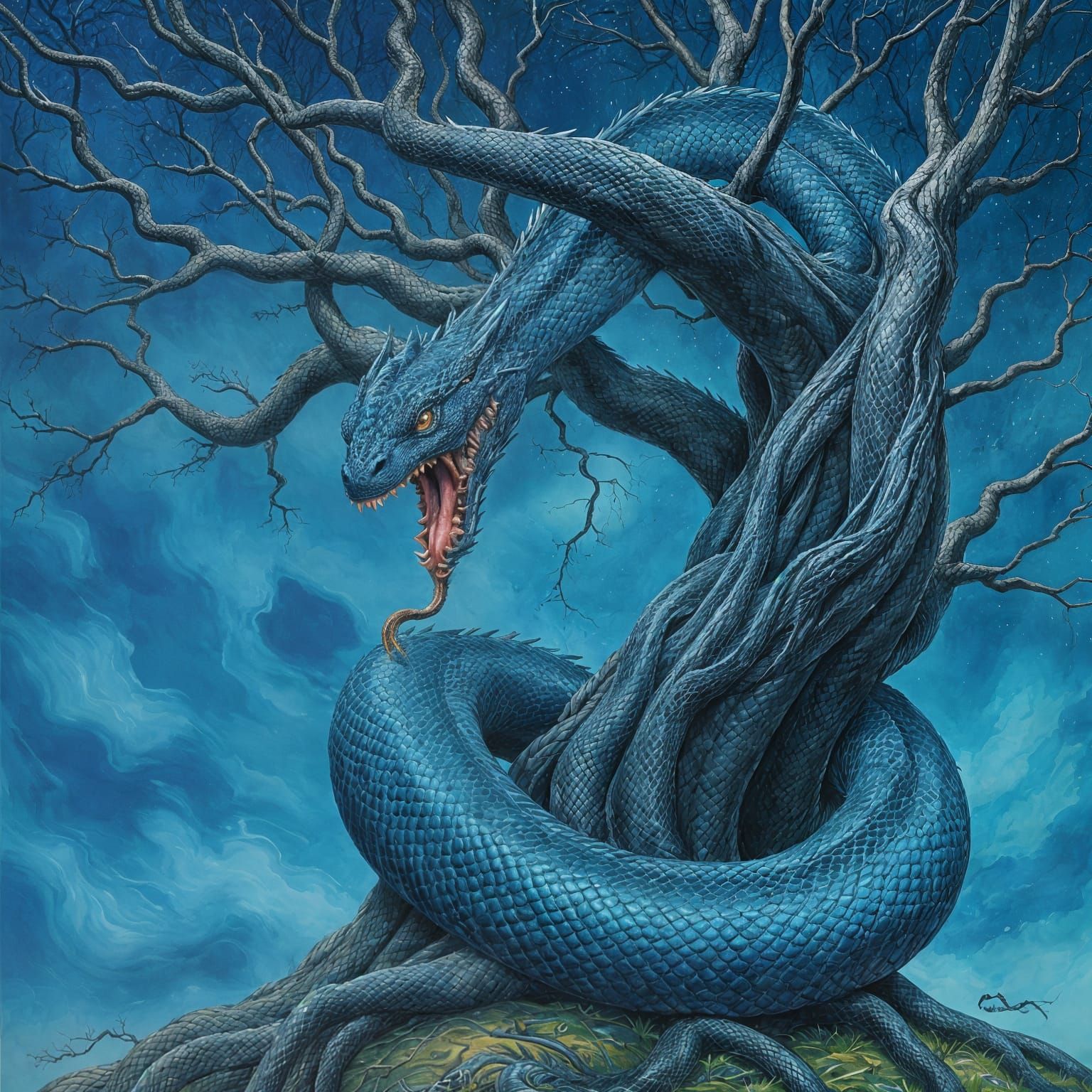 Serpent-Dragon Coiled in Leafless Tree: Gouache Comic Art