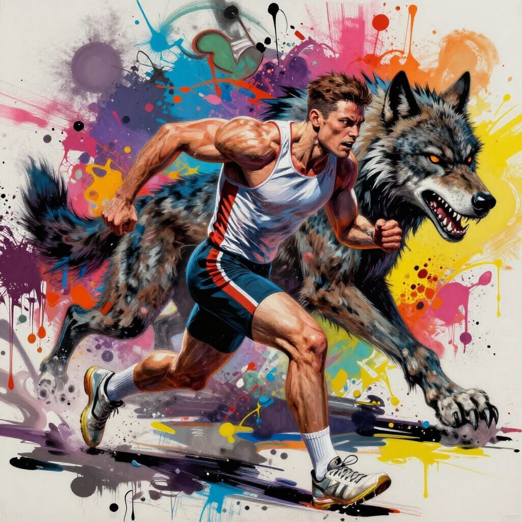 Man Flees Menacing Werewolf in Vibrant Graffiti Art