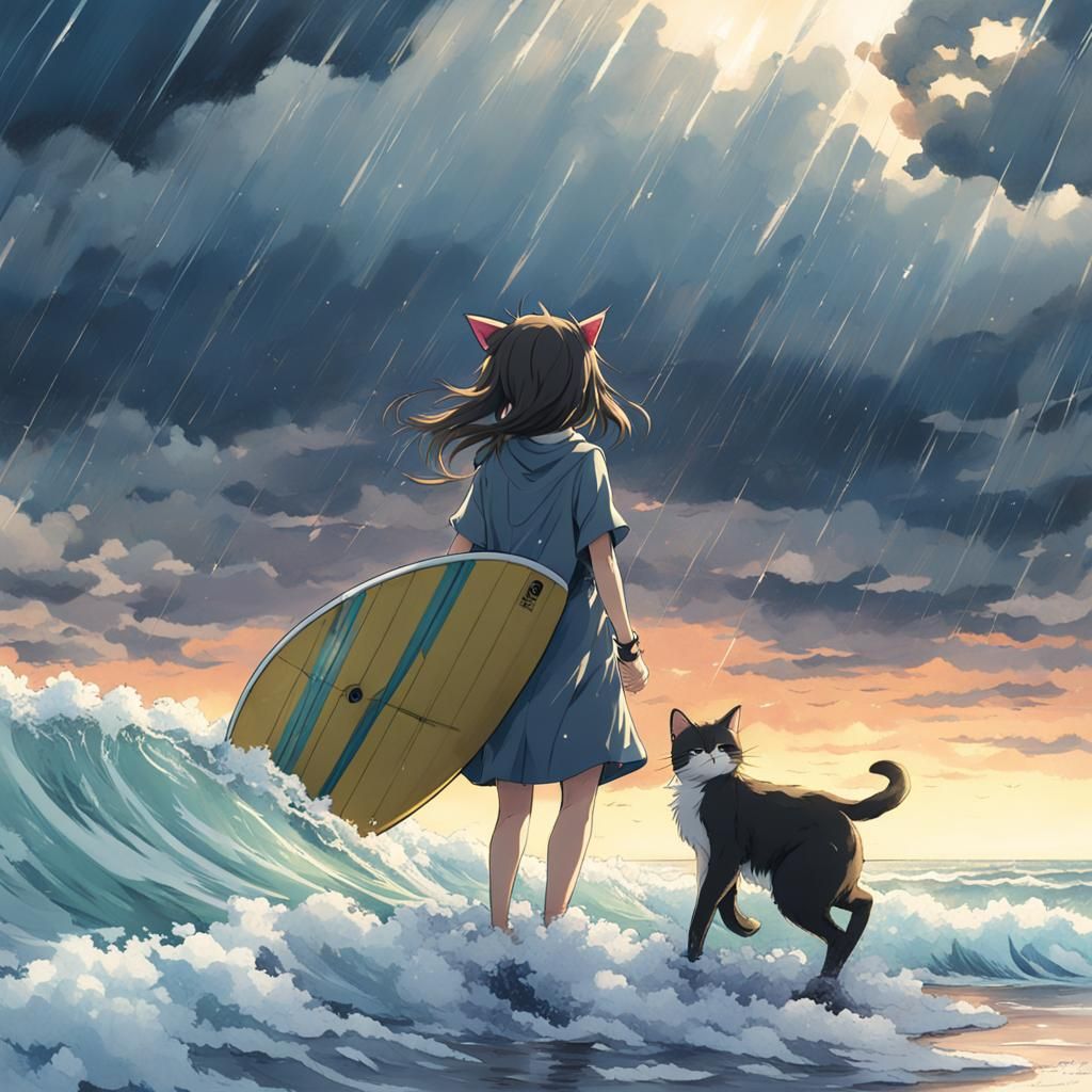 Anime Woman with Surfboard Faces Storm