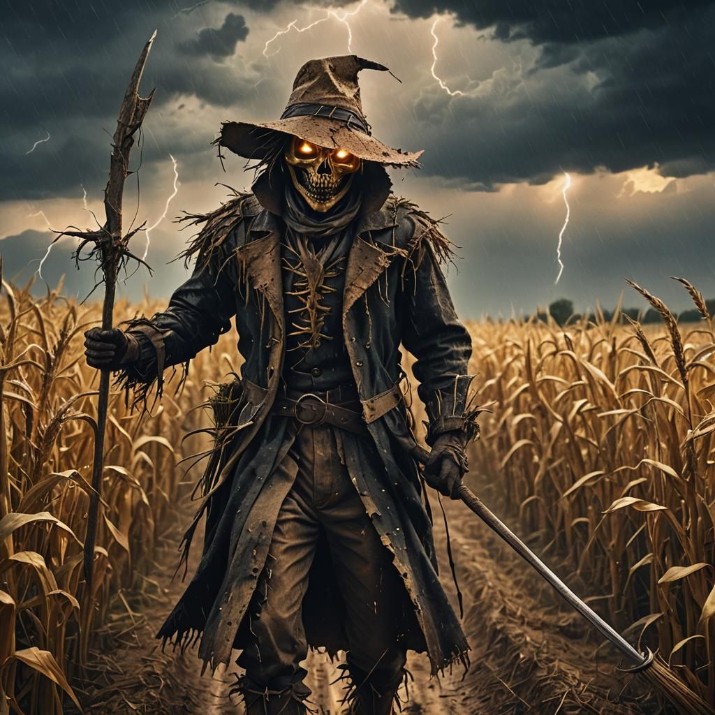 Scarecrow in Stormy Cornfield: A Dark Fantasy Scene