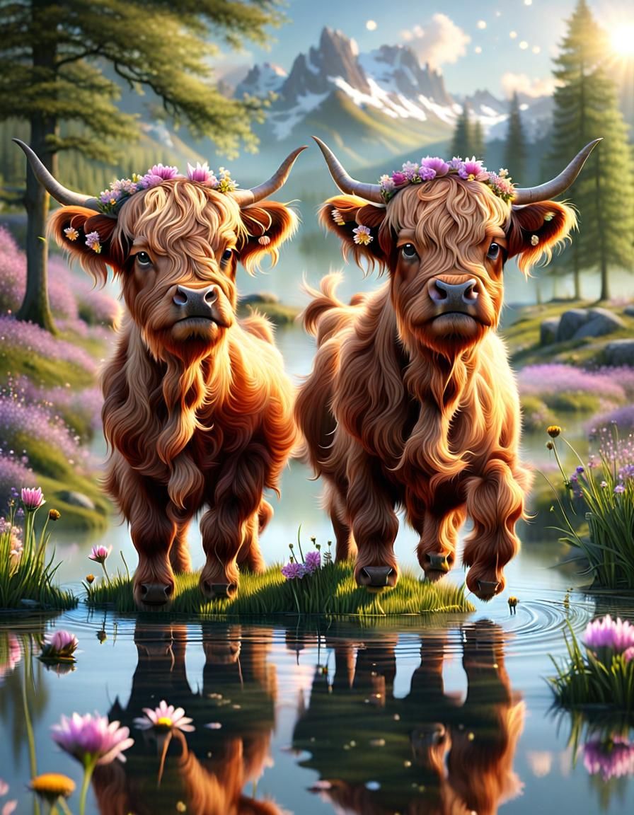 Highland Calfs Doing  Spring Jump