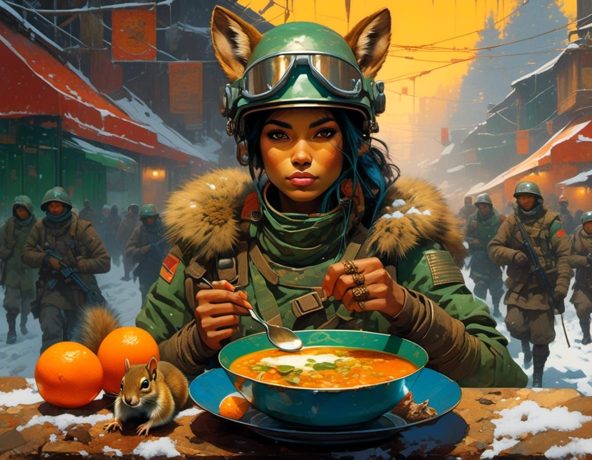 Indian Soldier in Cyberpunk Restaurant, Neon Eyes