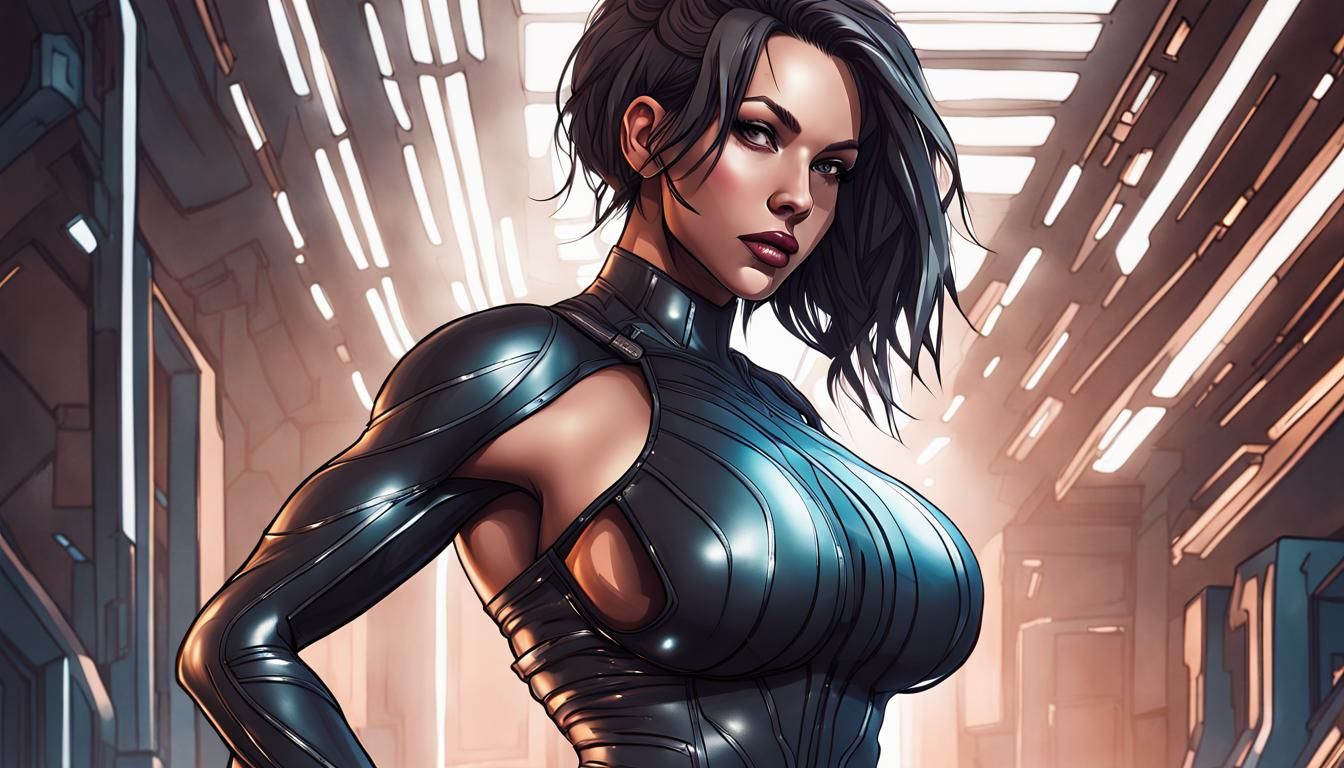 Muscular Netrunner Girl in Latex Bodysuit