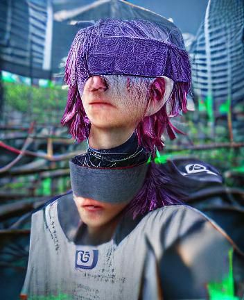 Purple-Haired Cyberpunk Anime Character in 3D