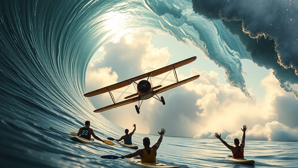 Vintage Biplane Soars Above Epic Wave in Thrilling Aviation....