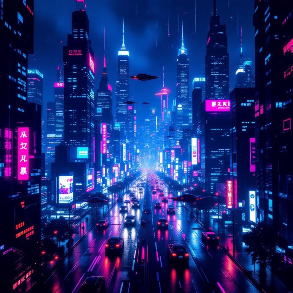 Cyberpunk Cityscape at Night: Neon Lights and Flying Cars