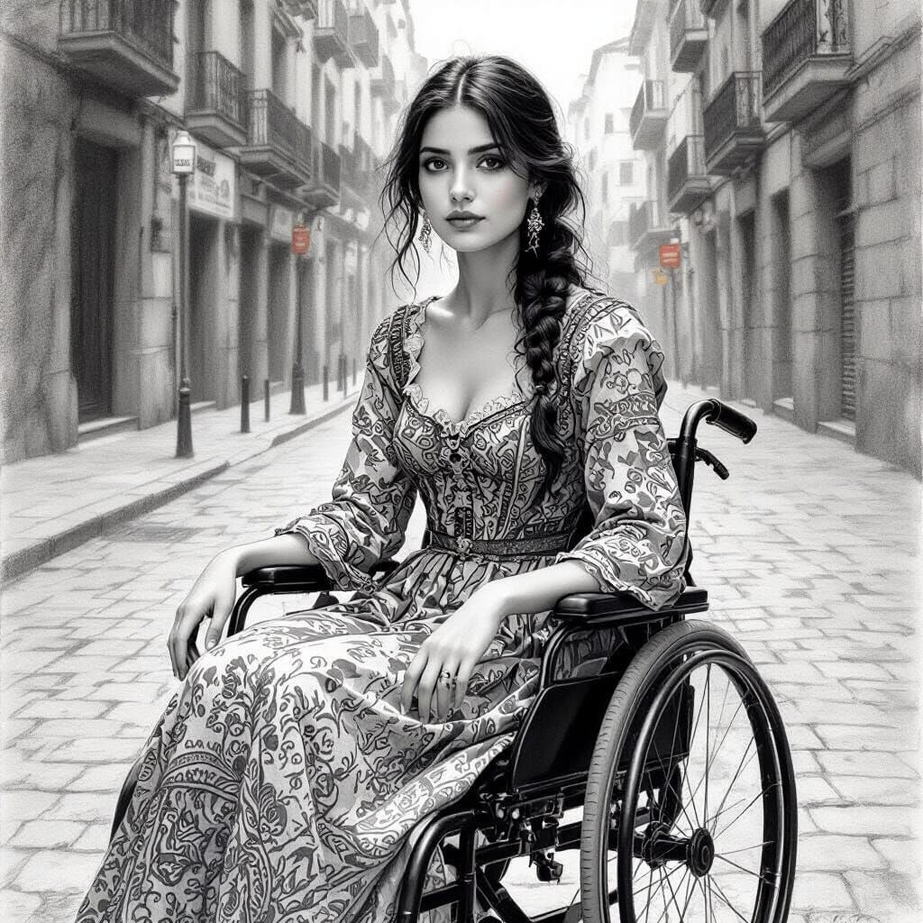 Spanish Woman in Wheelchair: Pencil and Charcoal Drawing