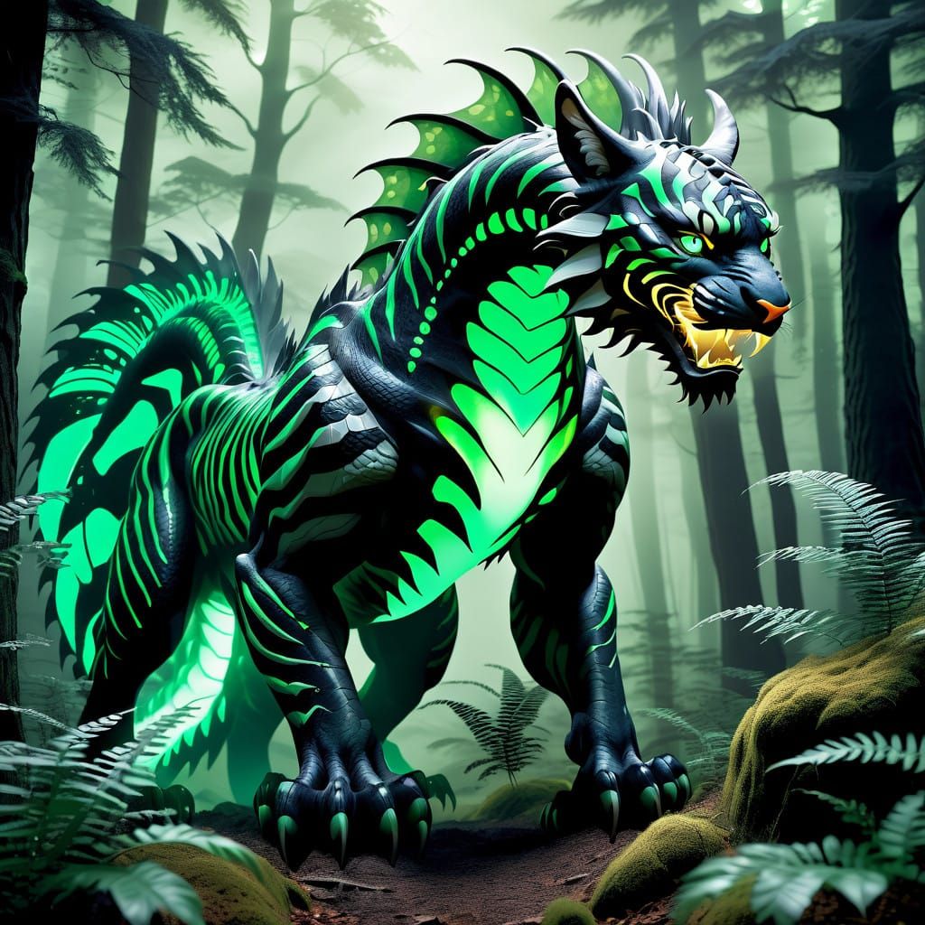 Dark Fantasy Tiger Dragon Hybrid in Emerald Striped Scales