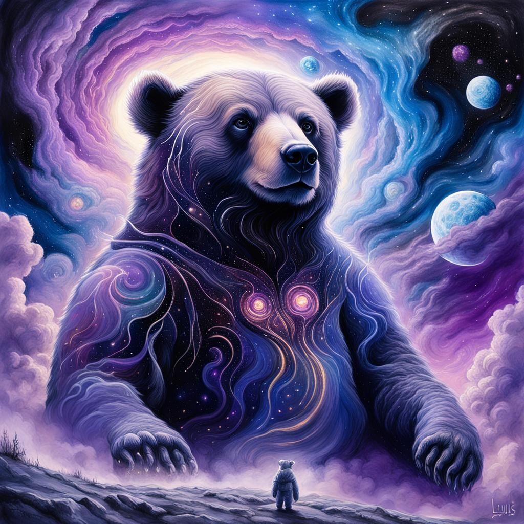 Astral Teddy Bear in Dreamscape, Mixed Media Art