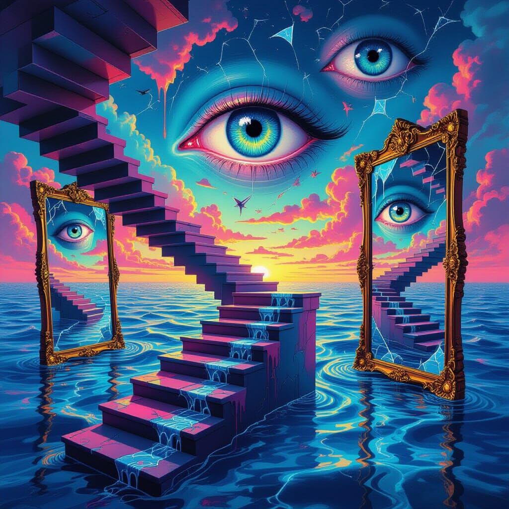 Surreal Dreamscape: Floating Staircases and Shattered Skies