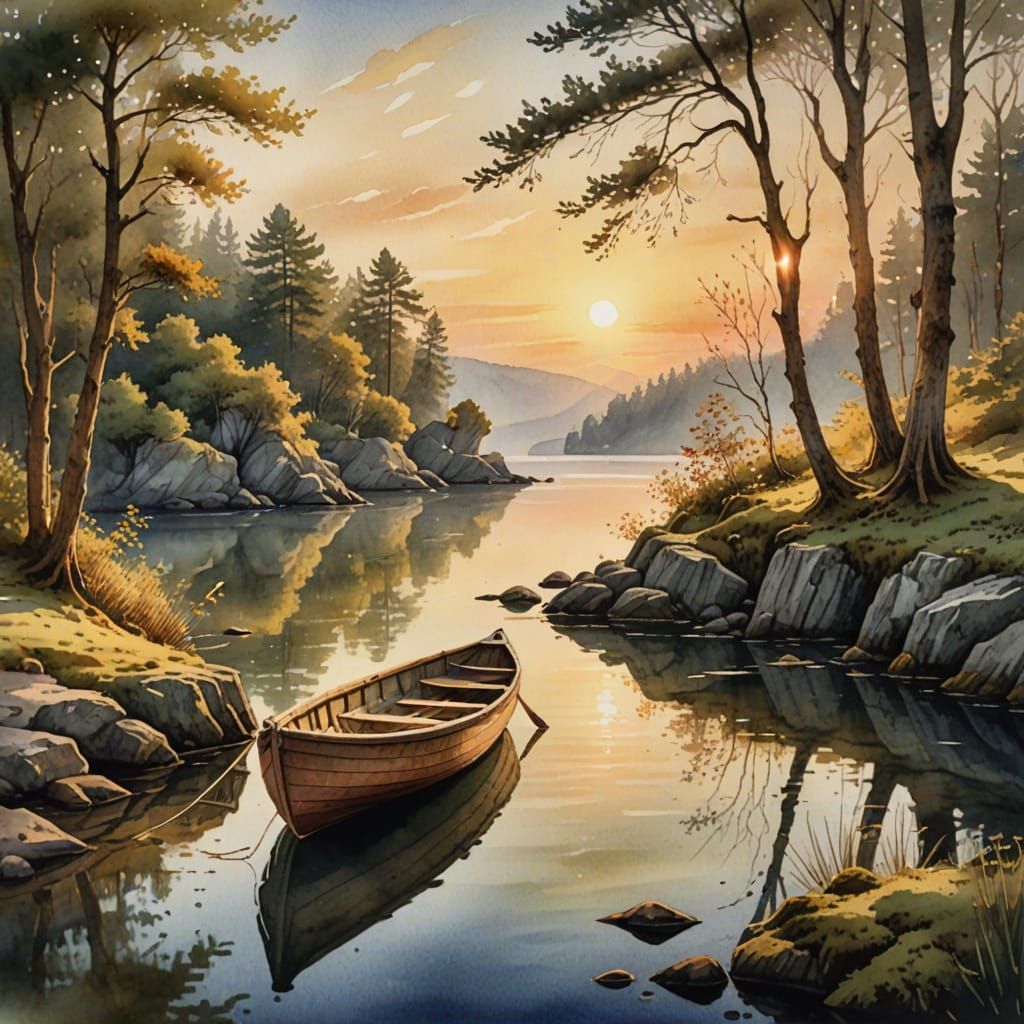 Tranquil Cove with Ancient Rowboat at Golden Hour