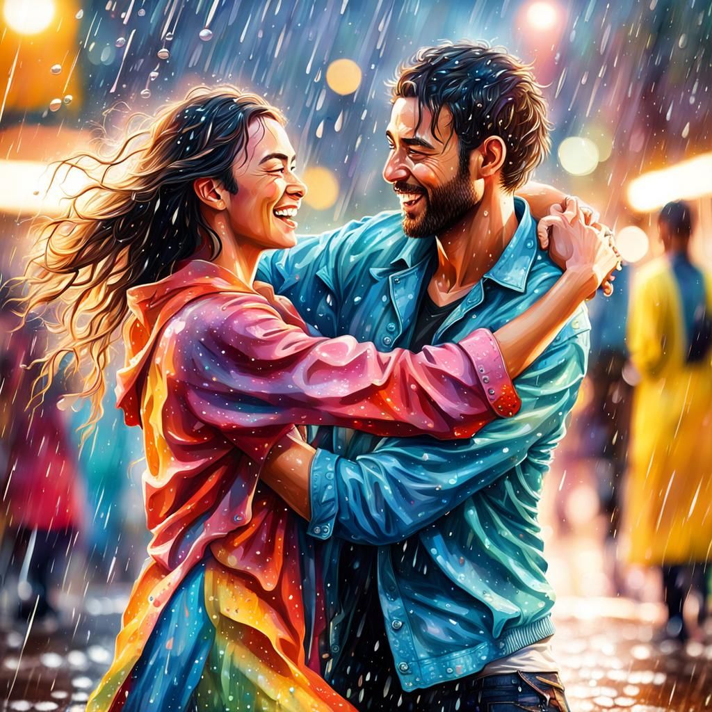 Romantic Couple Dancing in Rain: Hyperrealistic Splash Art