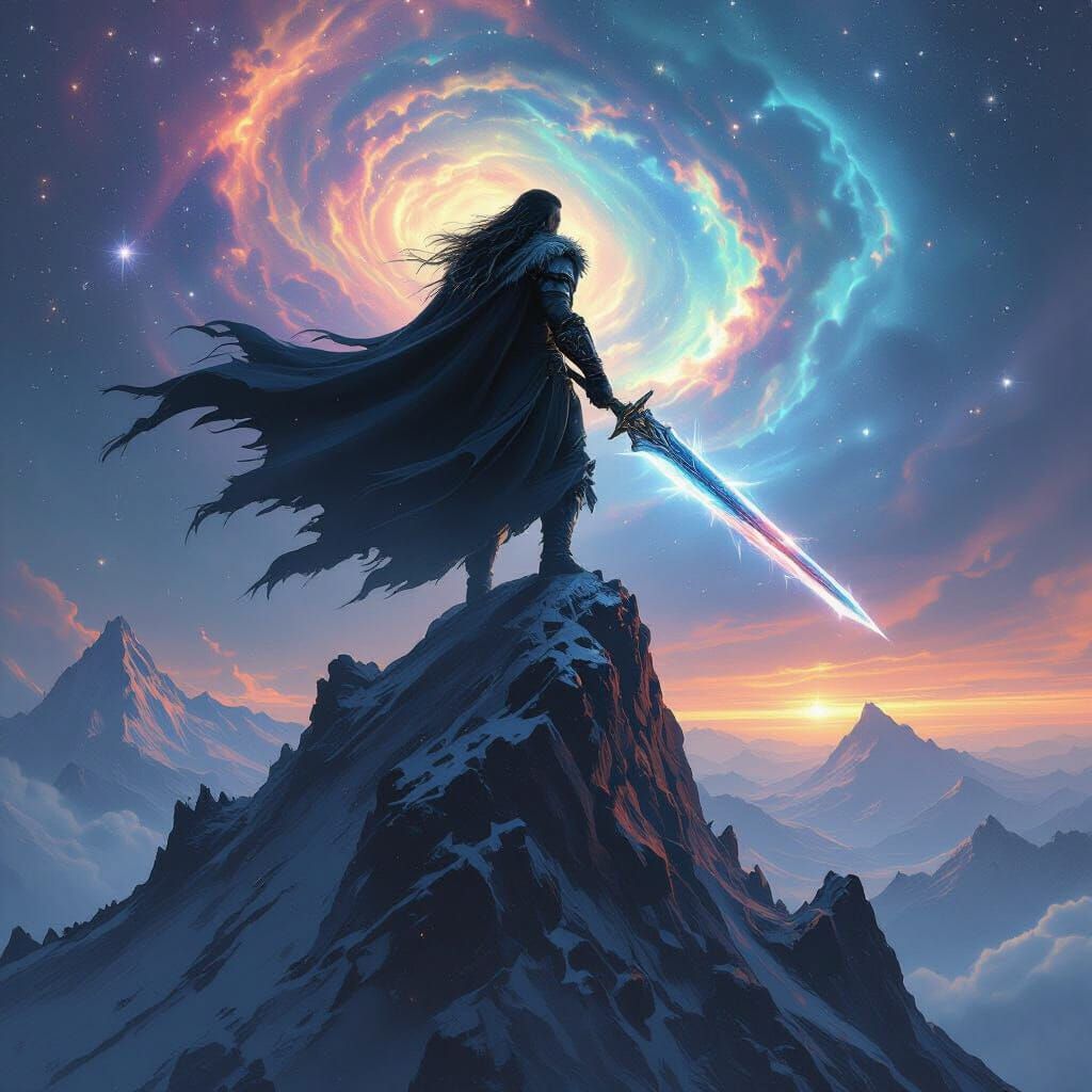 Lone Warrior Amidst Nebula on Mountain Peak