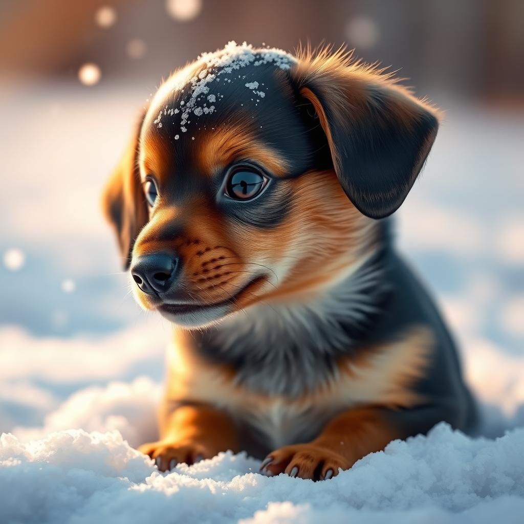 Adorable Dachshund Puppy in Snow, Hyperrealistic Art