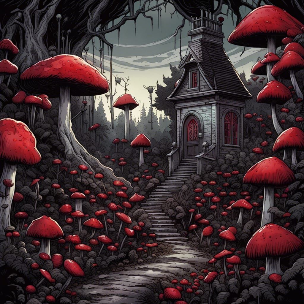 Eerie Gothic Victorian Garden with Crimson Roses